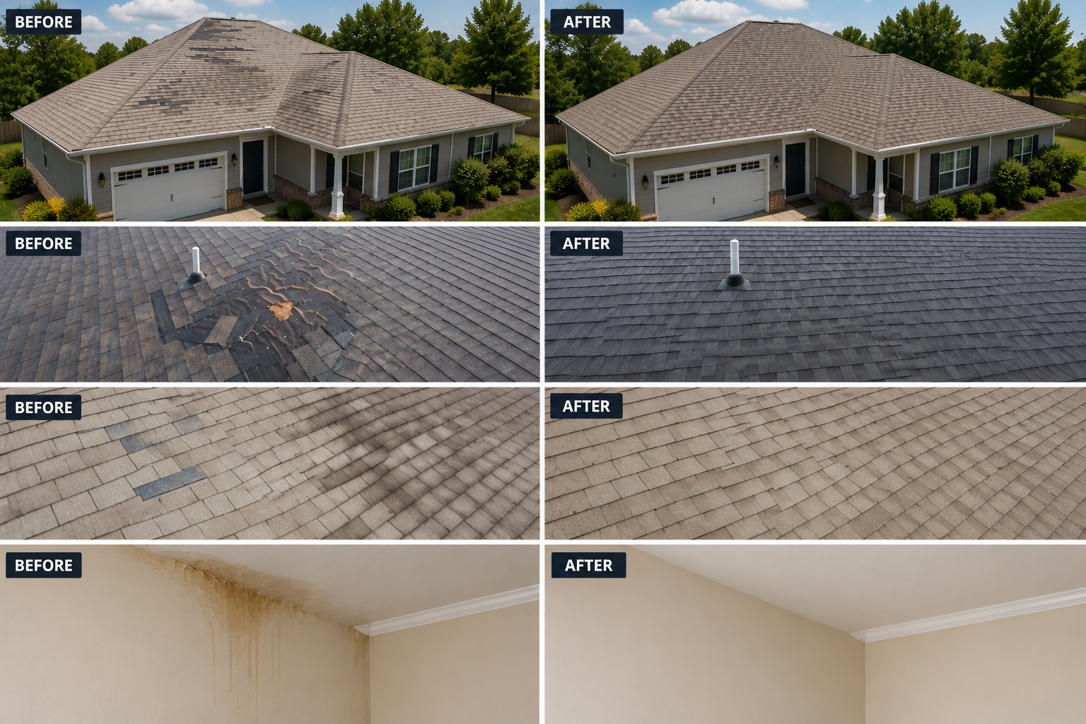 Three before-and-after roofing jobs by First Choice Roofing: storm-damaged shingles restored, a worn roof fully replaced, and interior ceiling water damage repaired